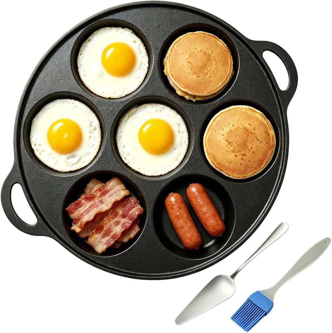Cast Iron 7-Cup Egg Pan Skillet, 10 Inch Omelette Pan, Breakfast Pan for Fried Eggs, Pancakes, Sandwiches & Hamburger, Natural Nonstick with Seasoning, Oven Safe, PFOA Free, All Stove Tops Compatible