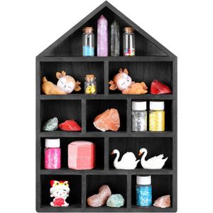 House Shaped Wooden Shadow Cubby Box 10 W x 2 1/4 D x 15 H Hanging Display Shelf Organizer Wall Mounted Curio Cabinet Wooden Display Case Miniature Shelf for Figures(Black)