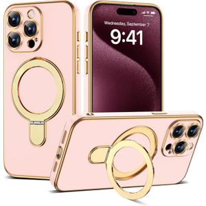 Compatible with iPhone 15 Pro Max Case with Magnetic Ring Stand [Compatible with Mag-Safe] [Full Camera Lens Protector] Soft Plating Phone Case for iPhone 15 Pro Max 6.7", Solid Pink