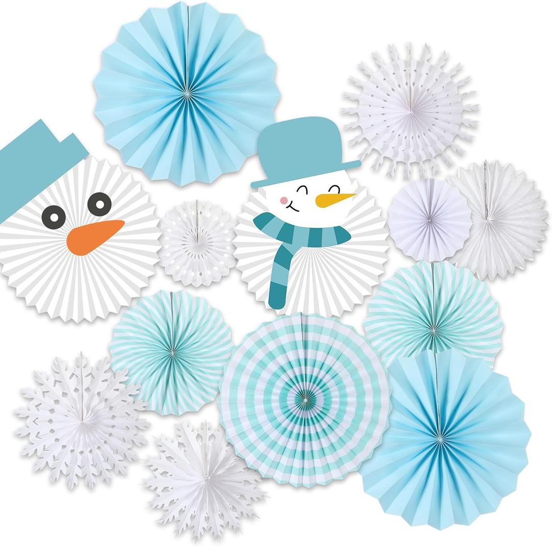 13 Pcs Christmas Hanging Paper Fans Christmas Party Decor Classroom Decorations for Xmas Holiday Ceilings Wall Decor Winter New Year Party Supplies (Snowman)