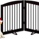 PUPETPO Freestanding Pet Gate for Dogs, Foldable Wooden Dog Gate for House, Indoor Pet Barrier for Stairs, Doorways, Support Feet Included, 24" Height 2 Panels, Brown