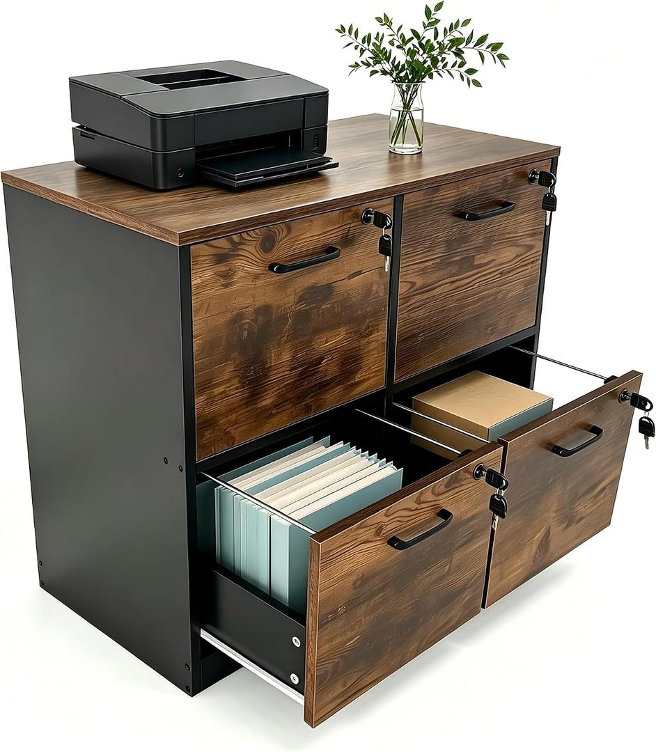 Garvee 4 Drawer File Cabinet with Lock, Wooden Lockable File Cabinets, 15.7 x 32.3 x 27.9 inches