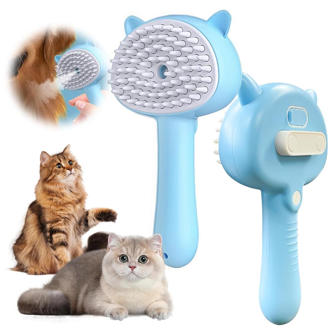 2 x 4-in-1 Pet Steam Spray Brush With Handle, Rubber Brush With Release Button, Dog Comb for Longhair & Shorthair Cat & Dog Cleaner (Blue)
