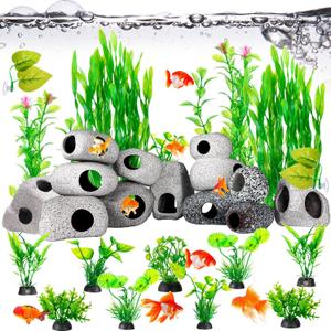 Gejoy 28 Pcs Aquarium Decorations Cave Fish Tank Accessories Green Plants Include 12 Ceramic Rock Cave and 16 Aquarium Plants for Betta Shrimp Cichlid Hideout Breeding Spawning