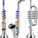 Lewtemi Set of 3 Saxophone for Kids Musical Instruments Toy Saxophone Toy Trumpet and Clarinet with 8 Colored Coded Keys Teaching Songs Gifts for Toddlers Children(Silver)
