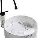 Modern Round Bathroom Vessel Sink Bowl with Pull-out Faucet, 14.5 Inch Ceramic Countertop Vanity Sink Farmhouse Style Porcelain Above Counter Art Basin, Marble-effect Pattern