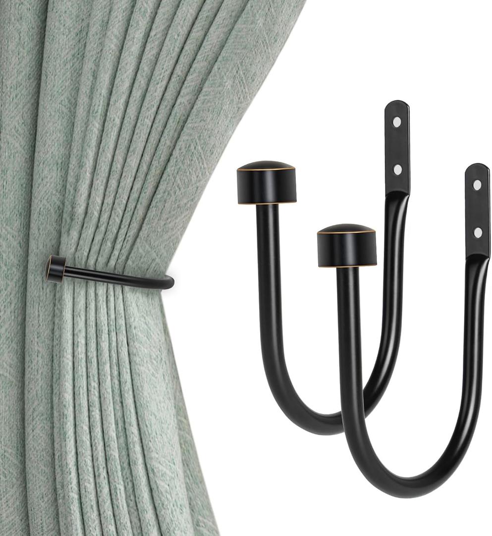 TONIAL Curtain Holdbacks, Decorative Curtain Tieback for Wall Black Window Drapery Hold Backs Large with Round Finials (1 Pair/2 Pack)