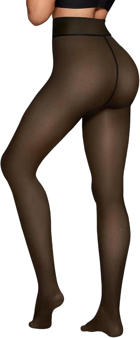 Fleece Lined Tights Sheer Women - Fake Translucent Warm Pantyhose Leggings Sheer Thick Tights for Winter (Large, Invisible One Line Crotch-Black)