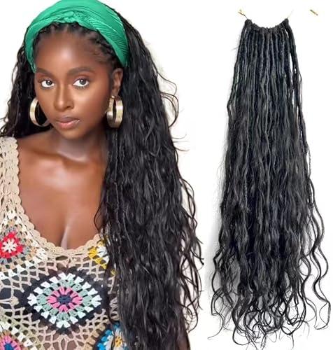 Francesca Hair Pre-looped Crochet Boho Faux Locs with Human Hair body wave Ends Boho Hair Braids Goddess Dreadlocks Hair for Black Women Natural Color 22 Inch (Pack of 2)
