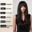 Honygebia Black Wig with Bangs - Natural Black Wigs for Women, Long Straight Wavy Synthetic Hair, Layered Realistic Heat Resistant Wig, Best for Halloween/Christmas/Cosplay/Party