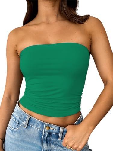 ForeFair Women Strapless Tube Tops Double Lined Ruched Backless Bandeau Going Out Top Basic Tank Tops, XS