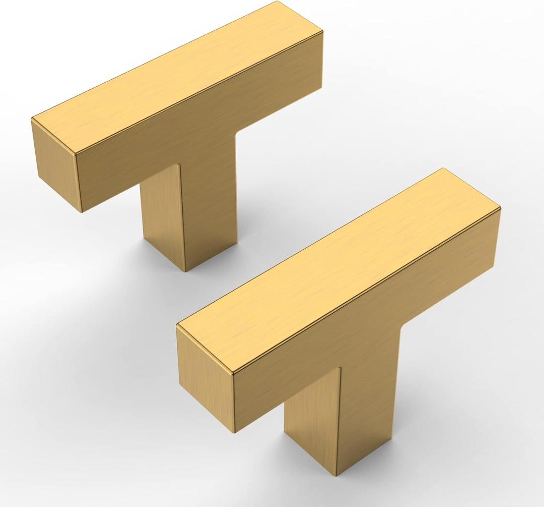 Amerdeco 10 Pack Brushed Gold Cabinet Knobs 2 Inch Length Single Hole T Bar Cabinet Pulls for Drawer Dresser Cupboard
