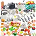 130Pcs Kitchen Playset, Toddler Pretend Cooking Play Pots, Pans, Utensils Cookware, Daily Food Fruit Veges, Shopping Storage Basket, Dessert, Prop Money, Learning Gift for Child (White)