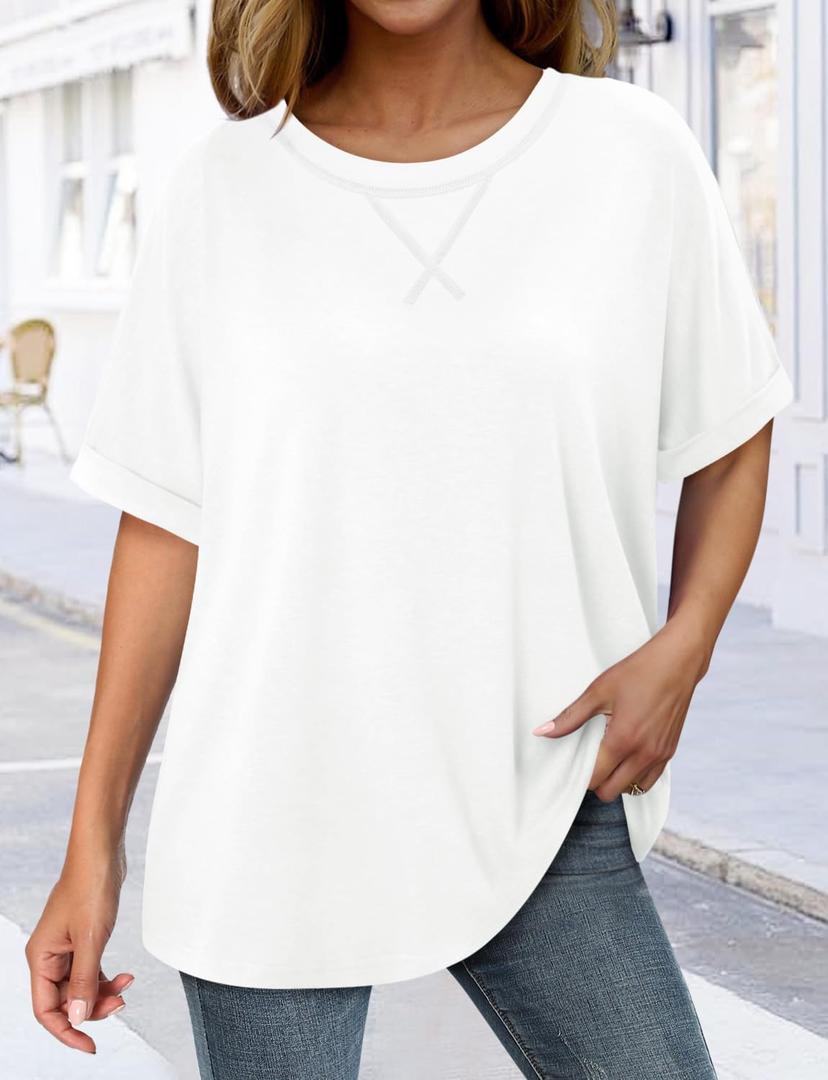 Women's Summer T Shirts Loose Fit Soild Color Basic Flowy Tops Trendy Casual Crewneck Short Sleeve Blouses (White,3X-Large)