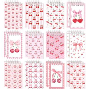 24 Pcs Bow Cherry Mini Notebook Coquette Small Spiral Journal Notepad Pink Cherry Pocket Memo Notebook for Girls Women Pink Coquette Party Favors Bow Office School Supplies