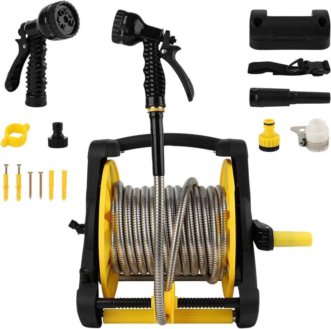 Retractable Garden Hose Reel, Heavy Duty Stainless Steel Water Hose,Male to Female Fittings, Easy to Use and Store, Strong and Sturdy, Suitable for Yard and Lawn (50FT)