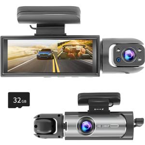 1080P Dual Camera Dash Cam for Cars, Driving Recorder with IR Night Vision, Loop Recording, Wide Angle Lens - 3.16 Inch IPS Screen,Parking Mode, Car Camera with 32GB TF Card