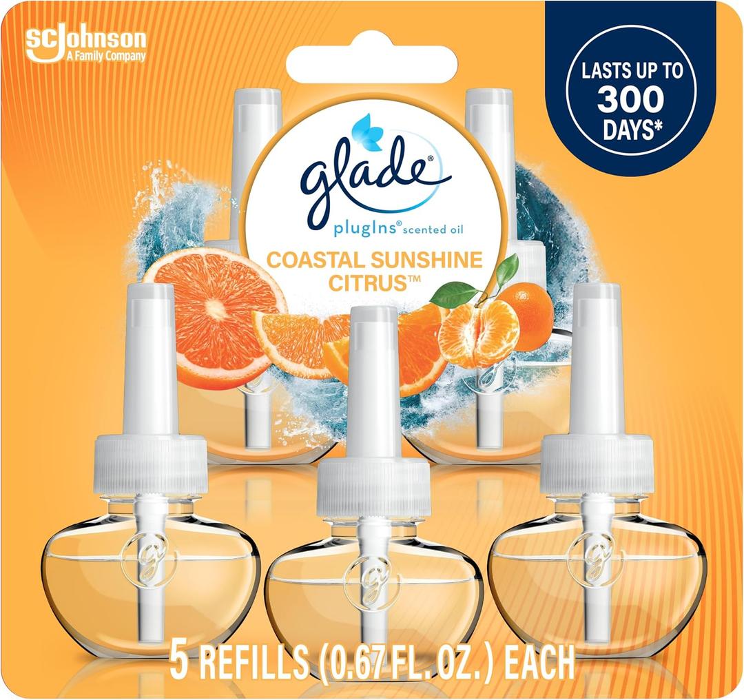 Glade PlugIns Refills Air Freshener,Coastal Sunshine Citrus, Scented and Essential Oils for Home and Bathroom, 0.67 Fl Oz, 5 Count