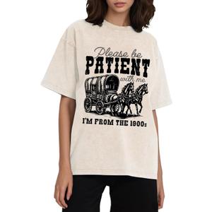 Womens Acid Wash Vintage Shirts Please Be Patient with Me I'm from The 1900s Print T Shirt (Beige, M)