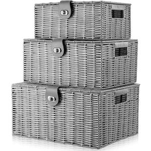 Homepeaz Set of 3 Woven Storage Basket Bin Wicker Hamper Stackable Box with Lid & Lock, Container Tote Cube Organizer for Nursery, Baby Toiletry, Diaper, Toys, Home Closet, Laundry, DVD, Book (Grey)