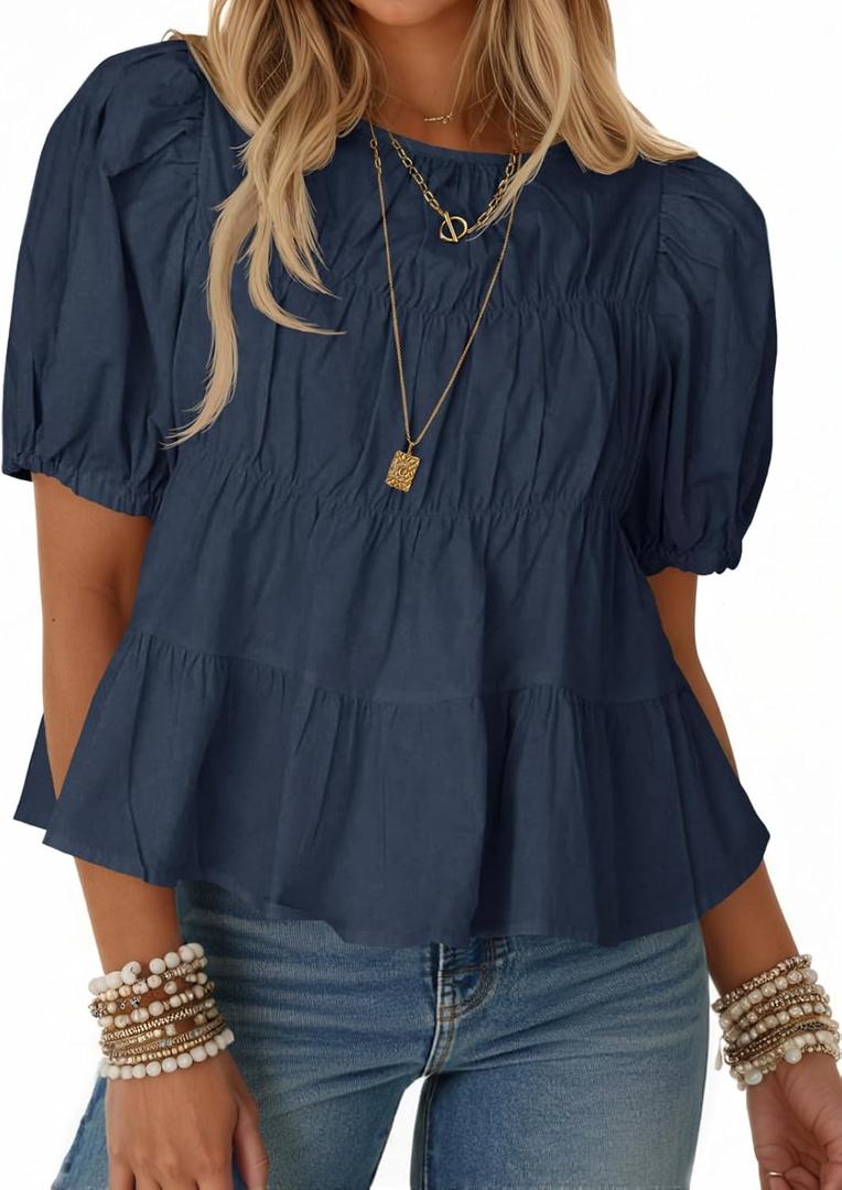 Tankaneo Womens Puff Sleeve Peplum Babydoll Tops Summer Flowy Pleated Cotton T-Shirts Casual Loose Fit Cute Blouse, Large