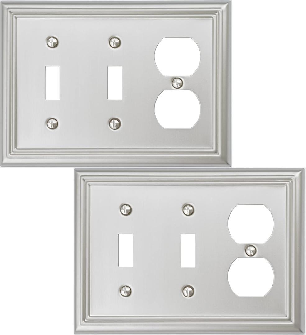 Double Toggle/Single Duplex Light Switch Cover Adler Metal Wall Plate, 2-Pack Brushed Nickel 3 Gang, Light Switch Cover Outlet Cover Decorative Wallplate, Durable