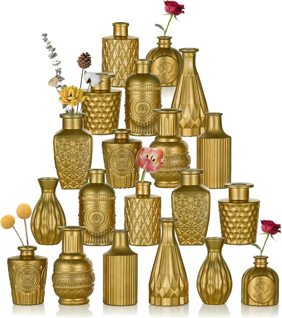 Golden Small Glass Vases for Centerpieces - Hewory 20pcs Dark Gold Bud Vase in Bulk, Mini Vintage Decorative Single Flower Vase for Wedding Birthday Party Baby Shower Home Living Room Table Decor