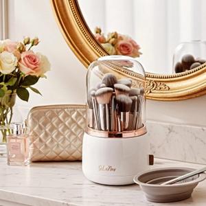 Rotating Makeup Brush Holder with Lid Dustproof Vanity Organizer for Makeup Brushes, Bonus Foldable Makeup Brush Cleaner Bowl Included, Elegant White Storage Solution