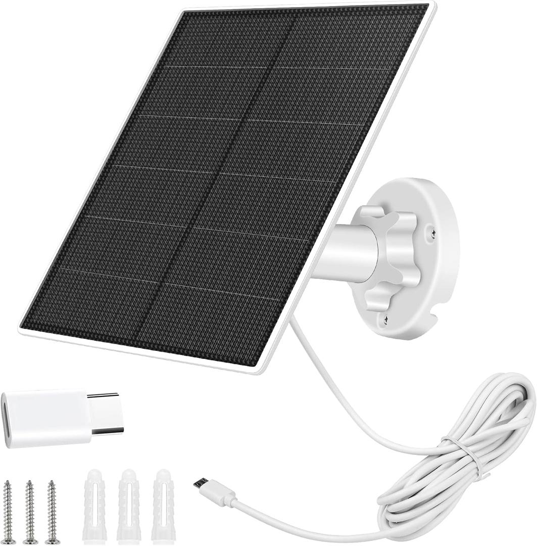 Solar Panel for Security Camera, 5W Solar Panel for DC 5V Security Camera with Micro USB or USB-C Port, IP65 Waterproof Solar Charger for Camera with 360 Adjustable Mounting (1 Pack)