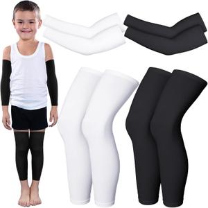 4 Pairs Kids Long Compression Leg and Arm Sleeves Youth Basketball Leg Sleeves Cycling Protection Covers for Running Sport (Small, Black and White)