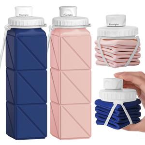 Popdigito Collapsible Water Bottles 2 Pack Compact Portable,Leakproof,Bpa-Free Silicone Bottles For Travel,Hiking,Camping,Gym,Outdoor Sports.Curable,Lightweight,Reusable For On-The-Go Hydration (Light Pink+Dark Blue)