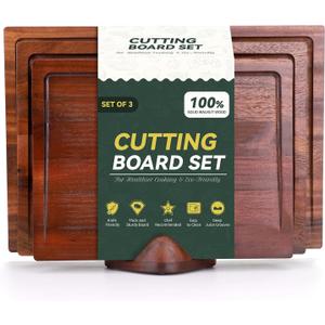 3-Piece Solid Walnut Wood Cutting Boards with Anti-Slip Holder, Chopping Block with Juice Deep Groove & Invisible Handles for Kitchen Meats Vegetables, 100% Natural Walnut, Perfect Housewarming Gift