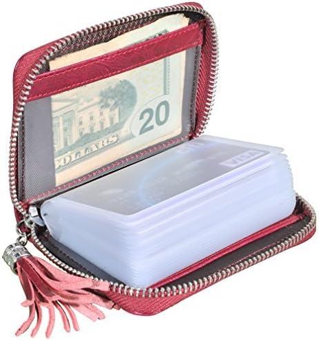 Womens Credit Card Holder Wallet RFID Leather Small ID Card Case (20 Card Slots - Wine Red)