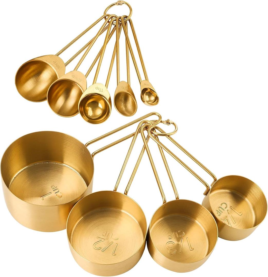 TOPZEA 9 Pcs Gold Measuring Cups and Spoons Set, Nesting Stainless Steel Kitchen Measuring Cups Stackable Tablespoons Set for Baking, Cooking Dry and Liquid Ingredients, Dishwasher Safe