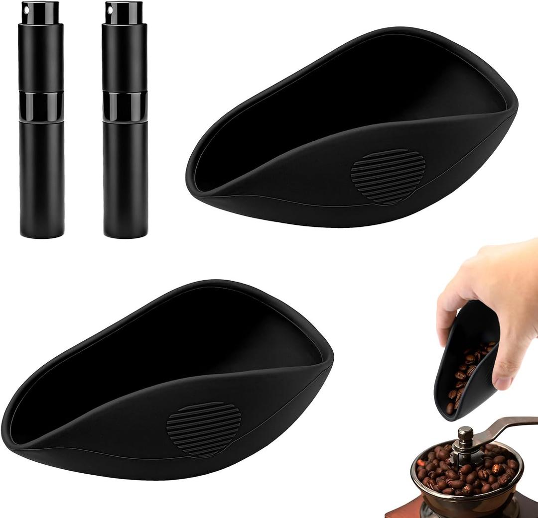 2 Pack Silicone Coffee Bean Dosing Cup & 2 Spray Bottles Kit, Flexible Espresso Accessories Kit Container with Measuring Tray & 10ml Static Reducing Spritzer, Black