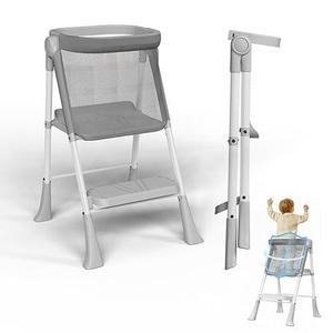 Toddler Tower Foldable,Foldable Toddler Kitchen Stool Helper with Safty Rail and AntiSlip Device for Bathroom Sink or Kitchen Counter，Step Stool for Toddlers Ages 18 Months to 6 Years Gery