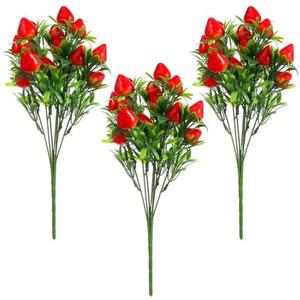 DOITOOL 3Pcs Simulated Strawberry Plant Decor 10.5 inch Long Stem Strawberry Branches, Artificial Strawberry Plants