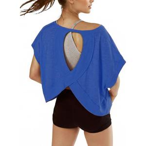 denking Women Open Back Workout Tops 100% Cotton Short Sleeve Tops Casual Yoga Athletic Gym Running Crop Cute Oversize Tees(Royal Blue XS)