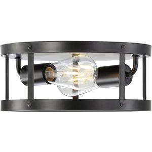 Farmhouse Semi Flush Mount Ceiling Light, Black 11inch 2-Light Metal Cage Light Fixture Ceiling Mount, Industrial Closed to Ceiling Mount Lamp, Vintage Pendant Lighting, Bulb Not Included