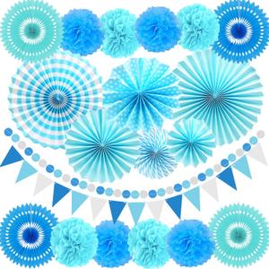 2 x LRCXL Blue Party Decoration, 21Pcs Blue Hanging Paper Fans, Paper Pom Poms Flowers, Pennant, Garland String, Banner for Boy Birthday, Bridal Shower, Baby Boy Showers, Wedding