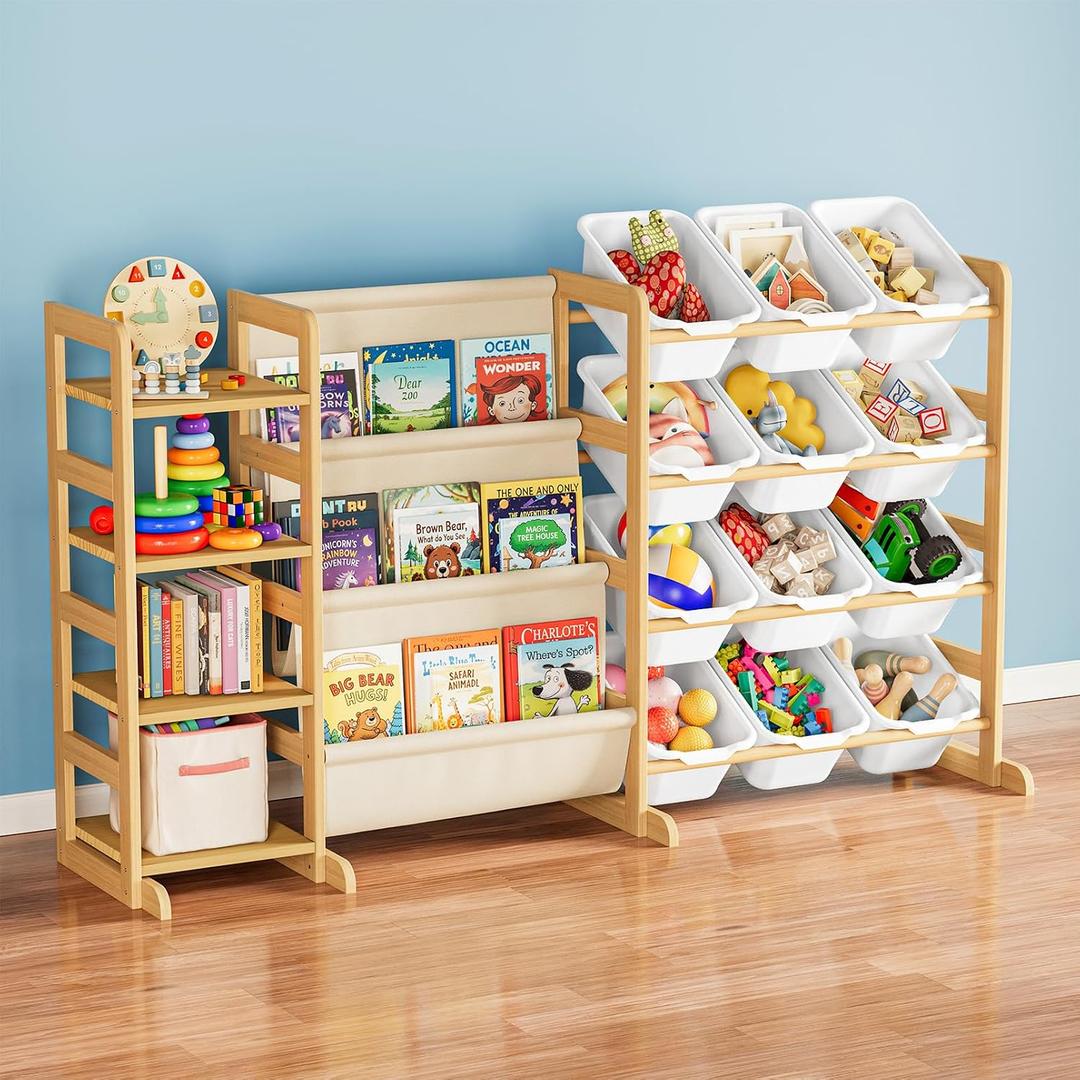 SpaceAid 3-in-1 Toy Storage Organizer with 4 Shelves and 12 Bins, Toy Organizers Storage 3-Tier Bookshelf, Kids Bin Shelf Box Bookcase for Bedroom Playroom Organization Room Decor, White, 56.7"W, 4 Shelves, 3-in-1, 12 Bins