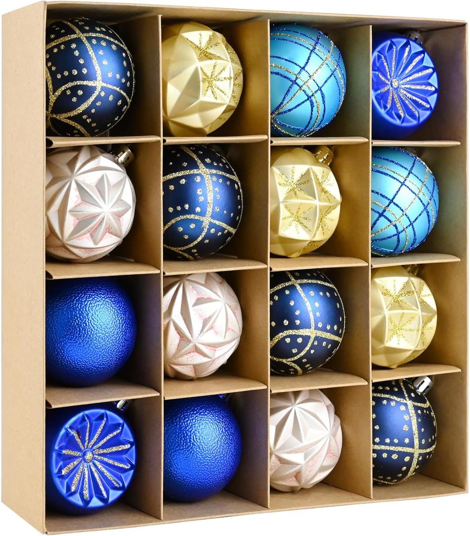 16PCS Christmas Balls Ornaments - 2.36in Blue and Gold Christmas Tree Decorations, Shatterproof Hanging Balls for Christmas Xmas Tree Holiday Wreath Decor (Blue & Gold)