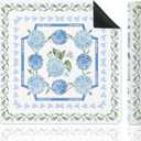 Watercolor Blue Hydrangea Floral Mahjong Mat, Non-Slip Noise Reduction Square Game Table Pad, Light Pastel Flower Border Print Portable Play Mat for Mahjong Tiles Poker Dominoes