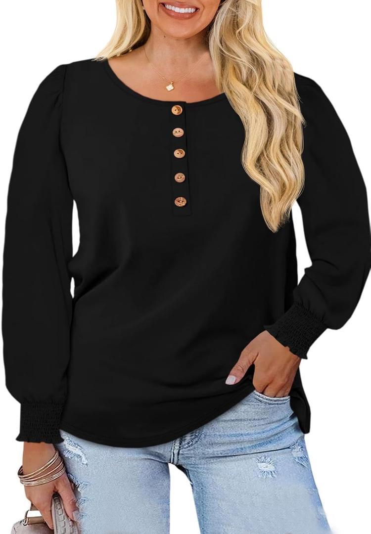 Beautife Womens Plus Size Henley Shirts Puff Long Sleeve Button Up Curvy Tops Loose Fit Casual Fall Blouse (X-Large Plus, Black)