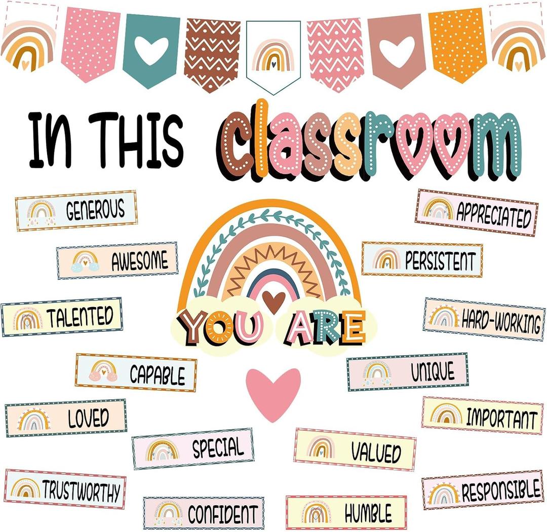 3 x VABAMNA 32pcs Classroom Bulletin Board Decorations Set - Boho Rainbow Motivational Words Cutouts Bulletin Decorations for Teachers School Classroom Bulletin Board