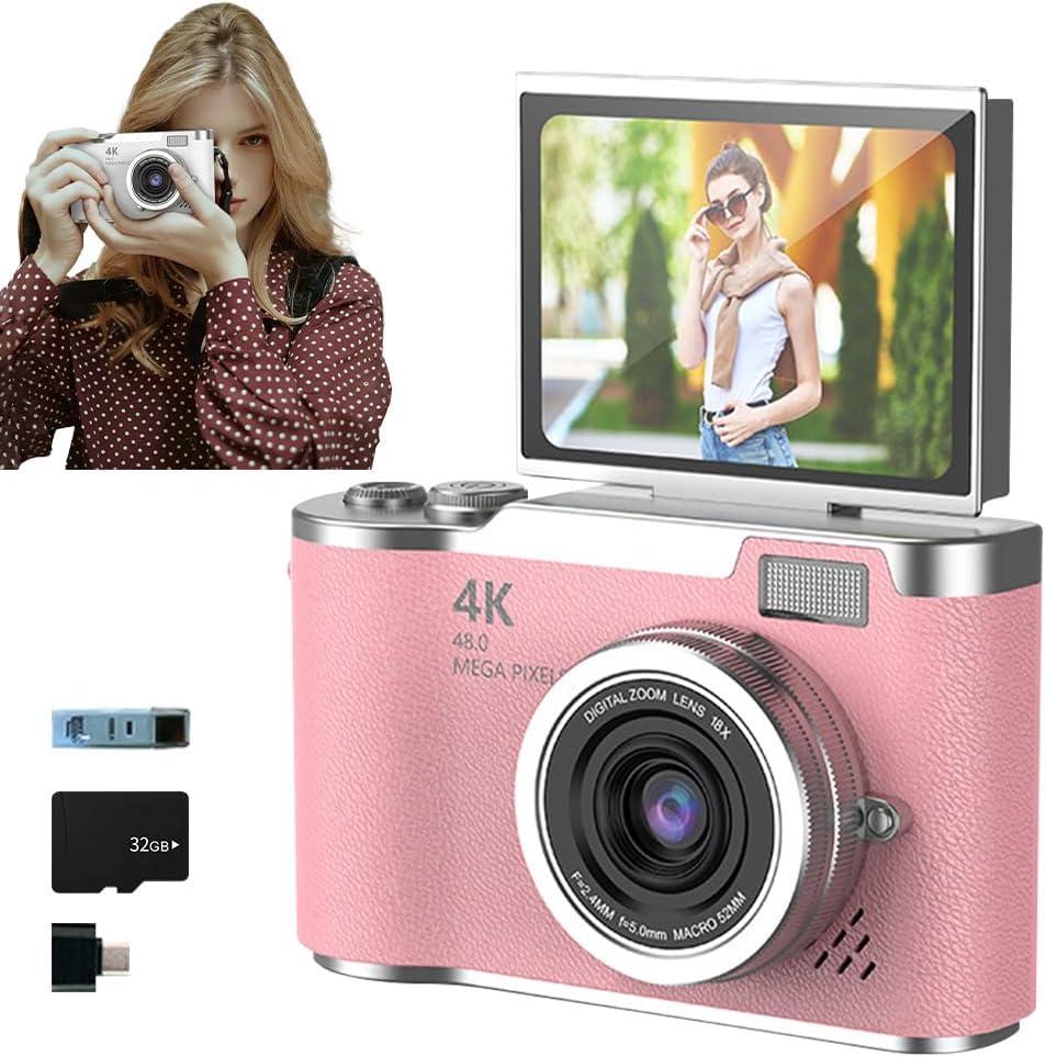 4K Foldable Screen Student Camera, 2025 New Point and Shoot Digital Cameras, FHD 4K Digital Camera for Photography with Flip Screen, 8X Zoom 48MP Digital Camera for Teens Adult (Pink, 32GB TF Card)