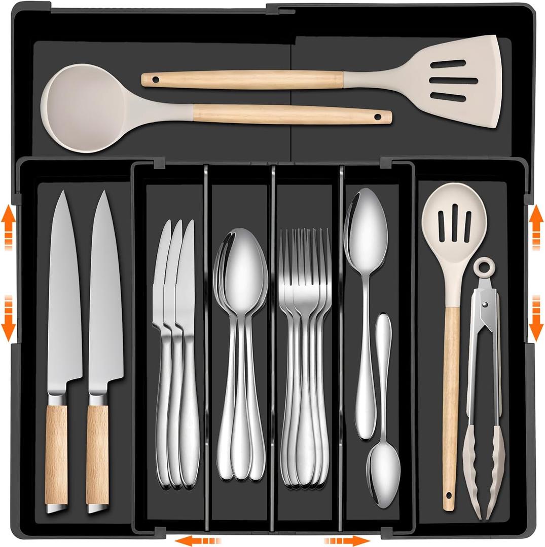 Spaclear Large Kitchen Silverware Organizer - Expandable 17.2" x 17.9" Adjustable Drawer Tray, 4-7 Compartments for Maximum Storage, BPA-Free, Black,L