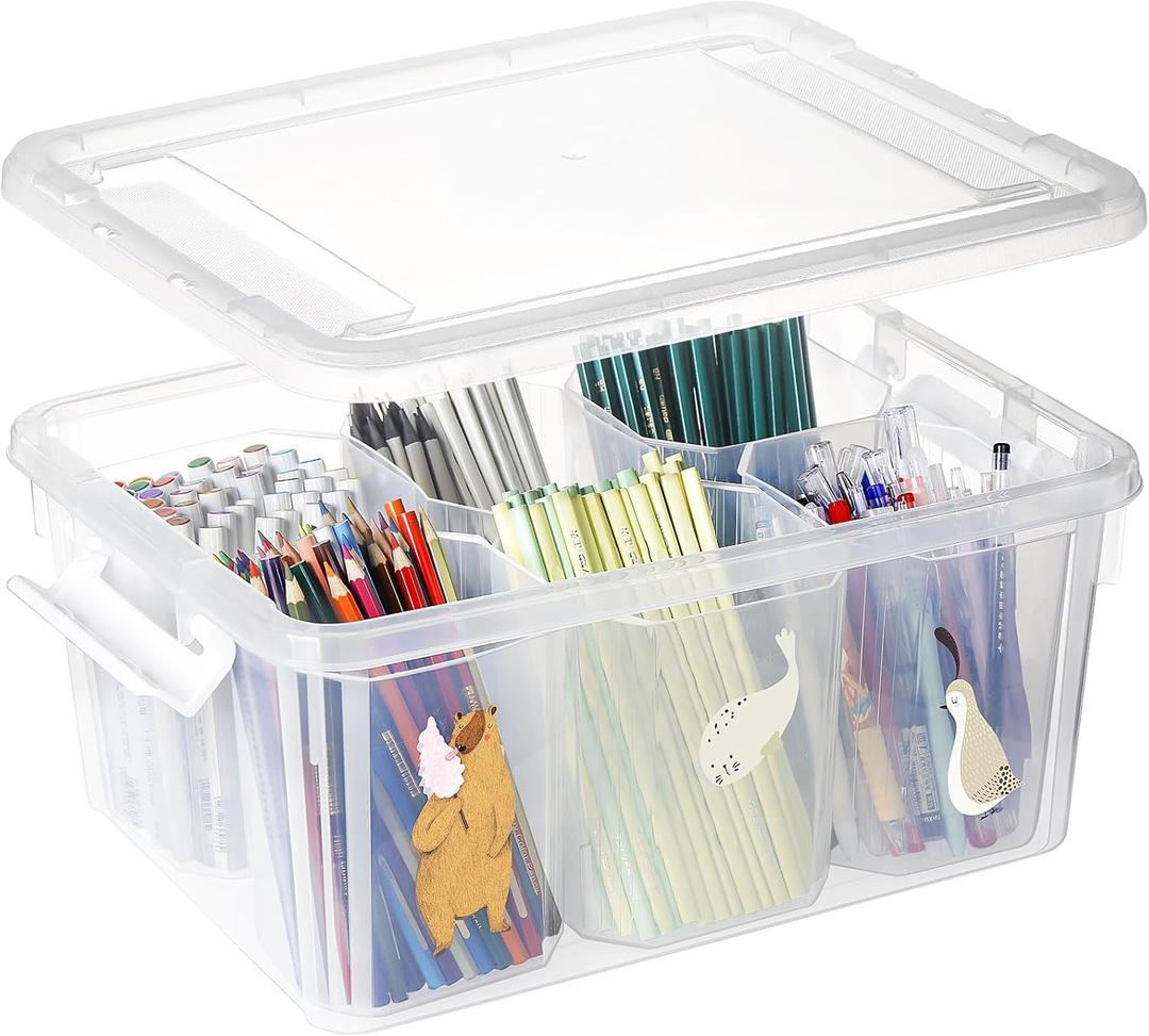loobuu 17QT Plastic Storage Bins with Lids - 1 Pack Art Craft Supply Organizer Box with Brush Pot for Kids, Stackable Clear Pen Container for Toy/Sewing/Comestic/Tool/Playdoh (1 Pack)