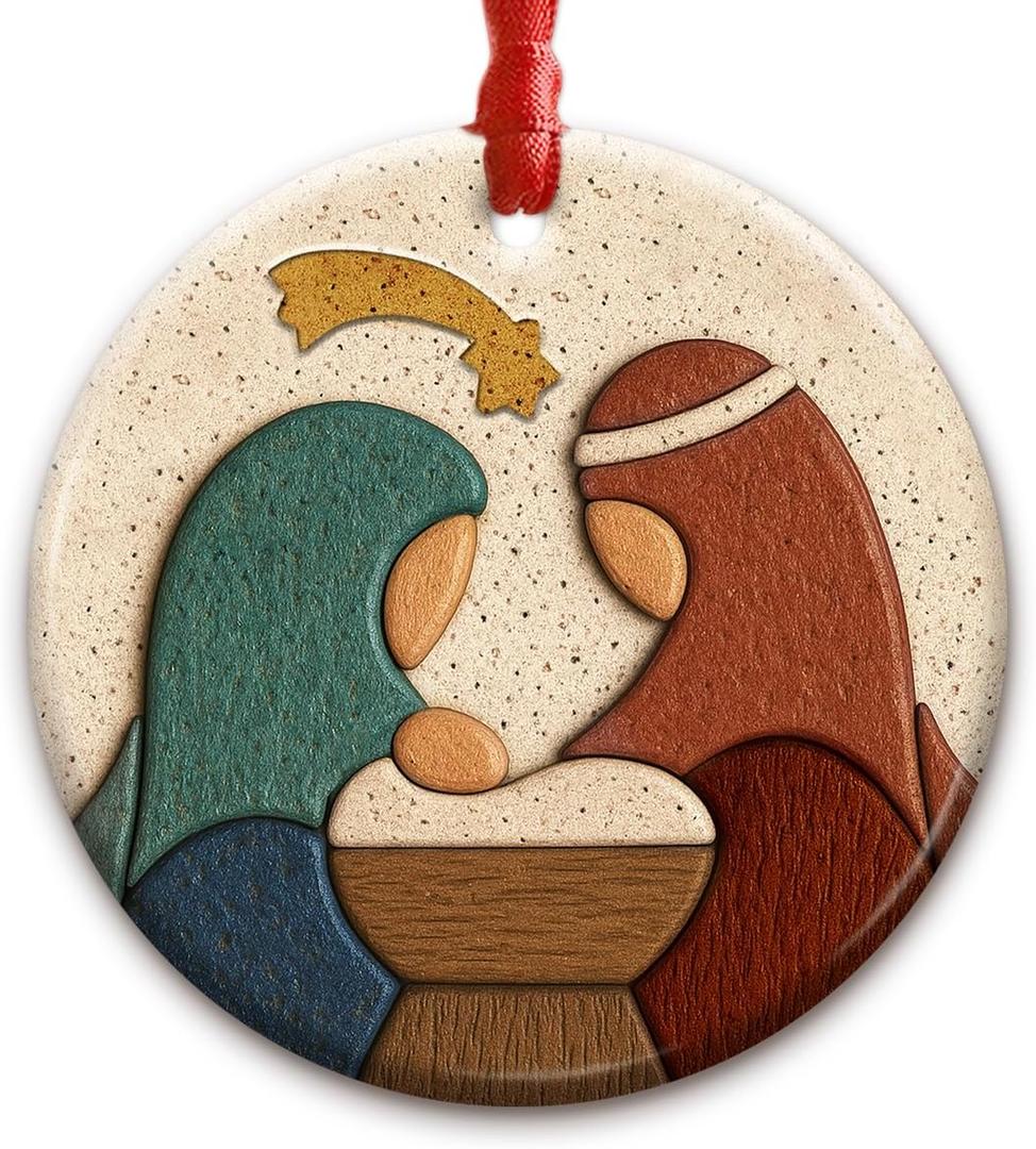 CHOANG Nativity Christmas Ornament 2025 - Holy Family Ceramic Ornament with Mary, Joseph and Jesus - Religious Church Decoration, Christian Manger Scene Keepsake