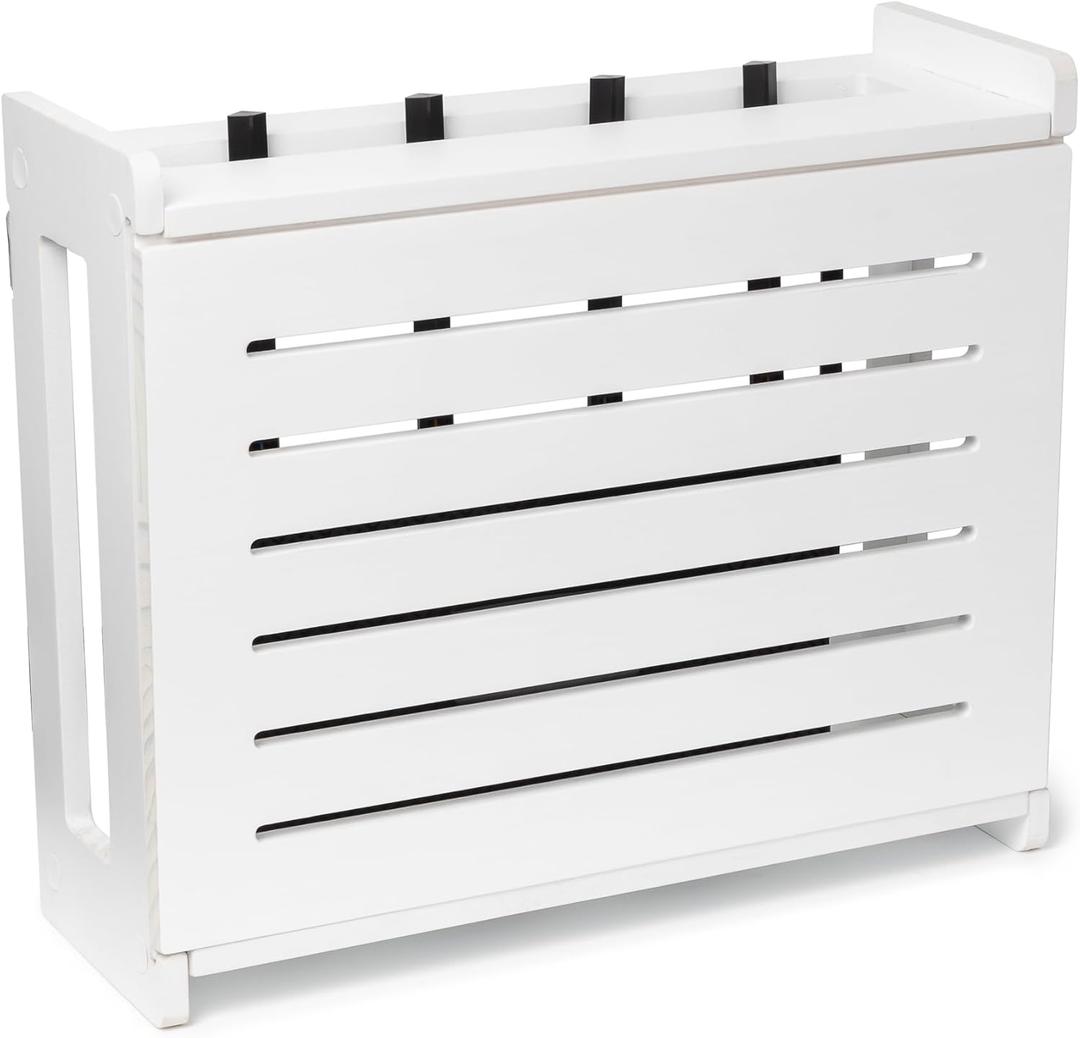 Wooden WiFi Router Storage Box - Standard Wall Mountable Decorative Modem Shelf Hider Cover with Cable Management System - Rustic Home Organization Solution for Most Routers Up To 11" Tall - White